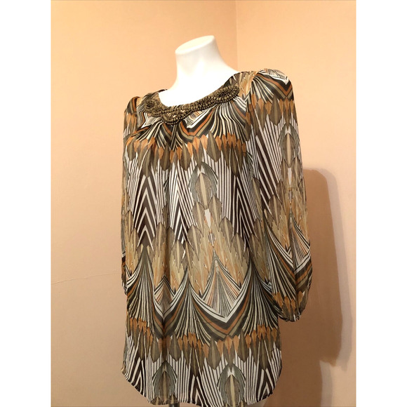 TRAVELSMITH Sheer Brown Feather Animal Print Beaded Collar Tunic Blouse Small - Picture 4 of 9